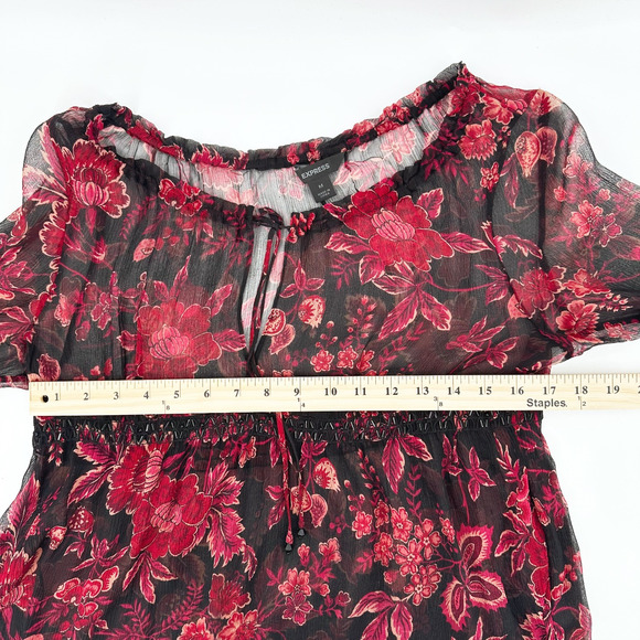 VTG Express 100% Silk Top Medium Babydoll Fairygrunge Sheer Dark Floral Whimsy - Picture 8 of 9